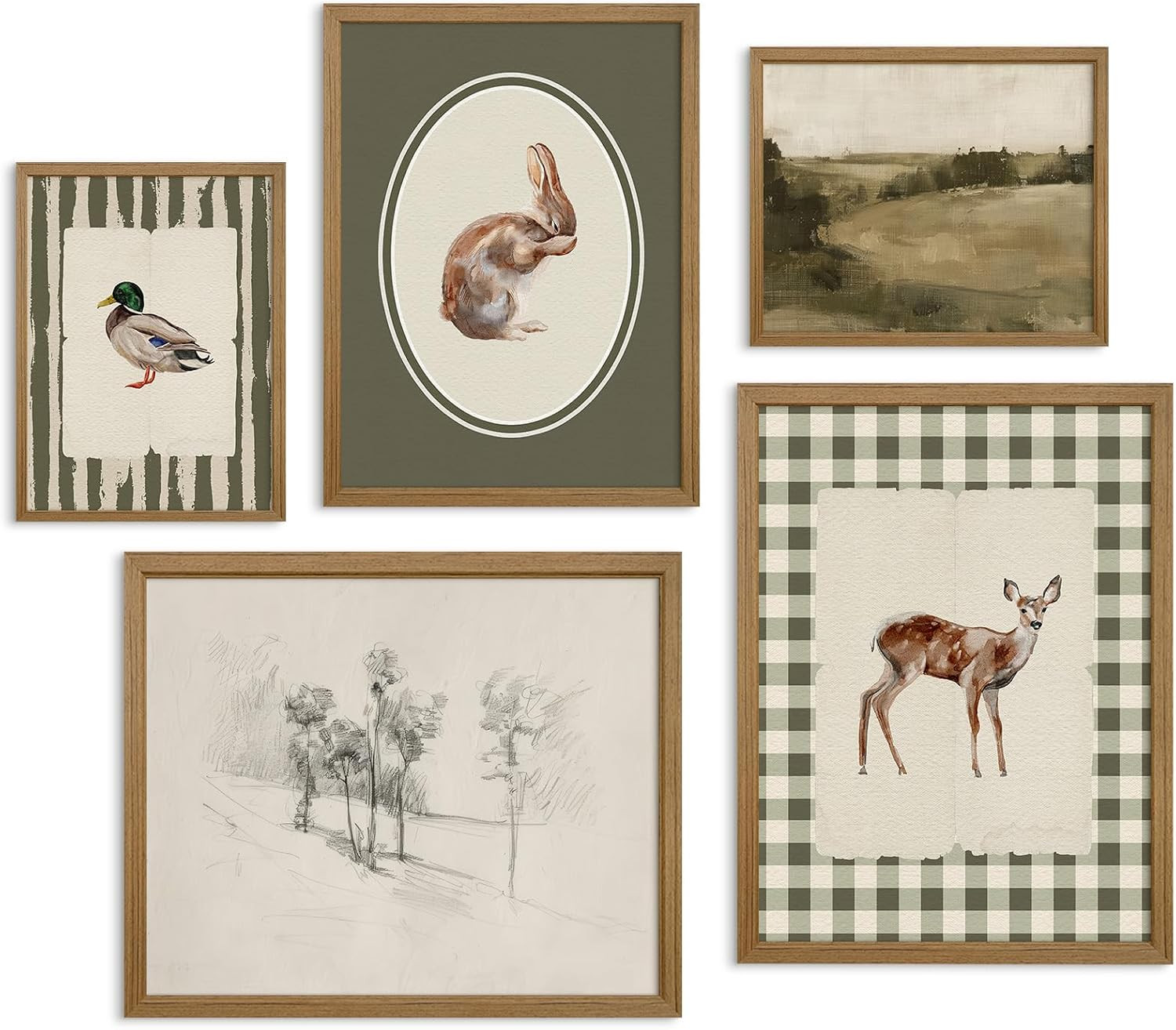 Vintage Nursery Wall Art Kids Canvas Poster Baby Boy Room Wall Decor Green Rabbit Wall Art Bunny Bird Prints Deer Picture Farmhouse Painting Nursery Artwork for Bedroom 8x10 Inch Wood Framed Set of 5 | Amazon (US)