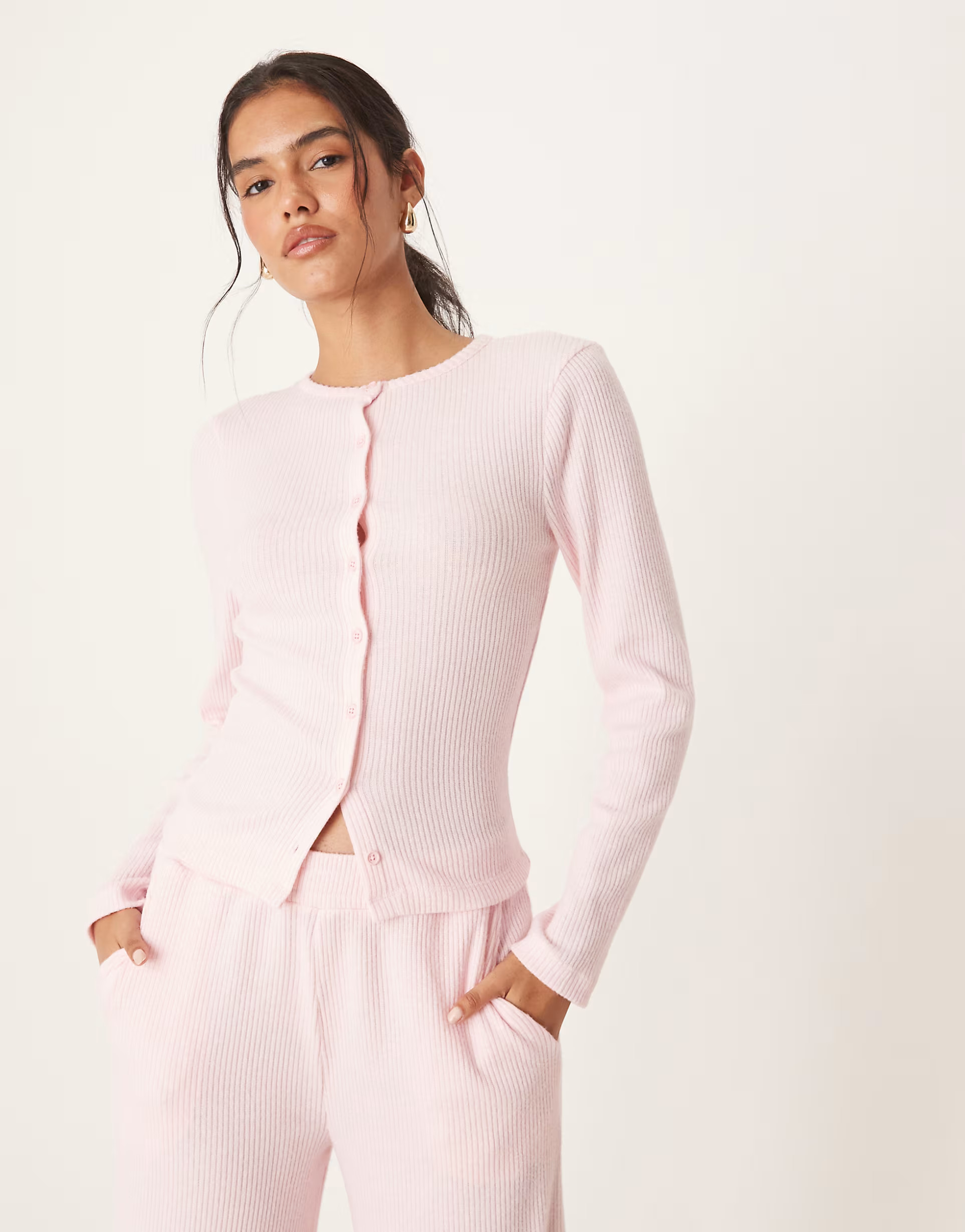 ASOS DESIGN brushed ribbed long sleeve crew neck cardigan in pink - part of a set | ASOS (Global)