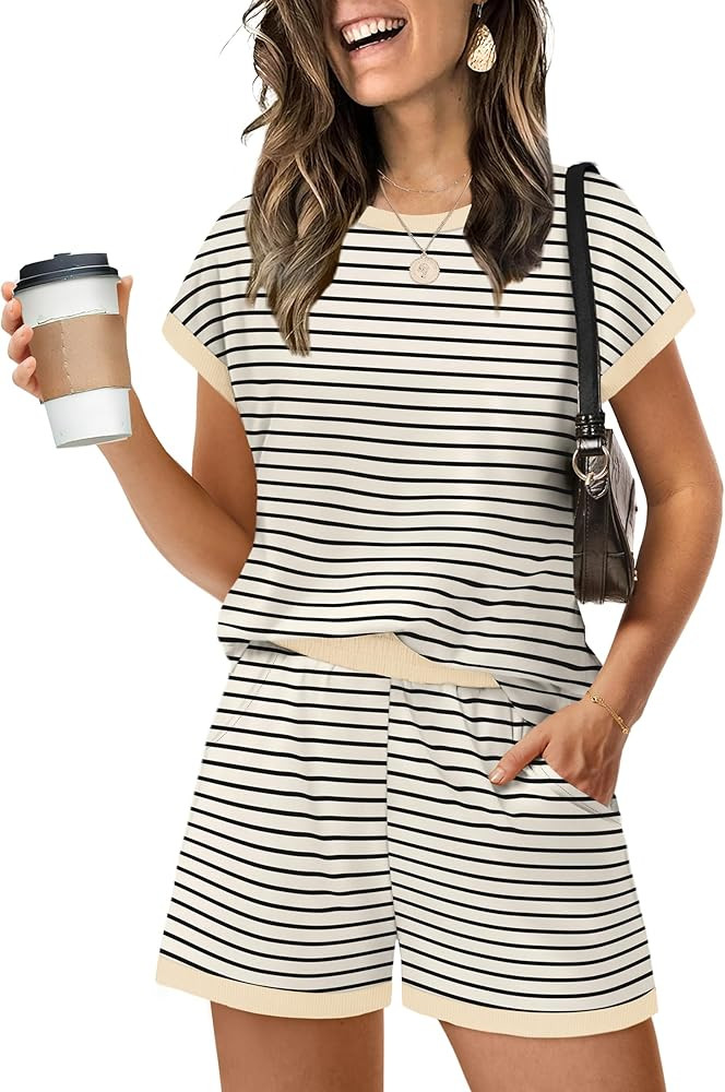 WIHOLL Two Piece Sets for Women Summer Lounge Short Sets Cap Sleeve Crew Neck Sweatsuit with Pock... | Amazon (US)