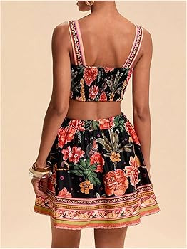 Floerns Women's Two Piece Outfit Tropical Crop Cami Top and Summer Skirts Set | Amazon (US)