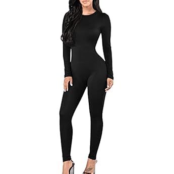 Amazon.com: BEAGIMEG Women's Basic Long sleeve One Piece Crew Neck Romper Bodycon Jumpsuits Black :  | Amazon (US)