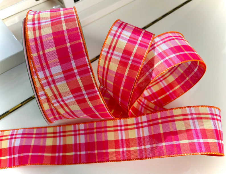 2.5 Pink, Orange, & Yellow Plaid Wired Ribbon 634 Sold by the Yard - Etsy | Etsy (US)