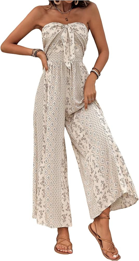WDIRARA Women's Boho Print Strapless Jumpsuit Knot Front Wide Leg Pants Romper | Amazon (US)