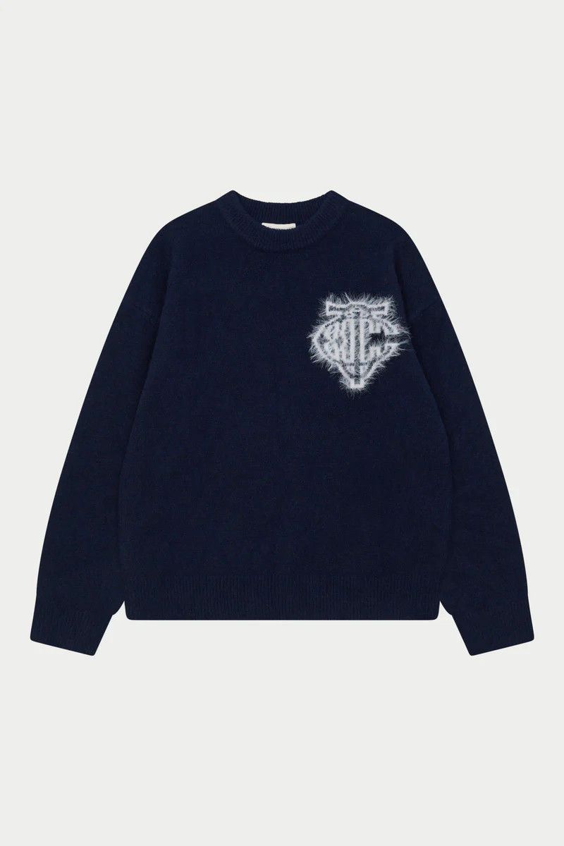 MONOGRAM FLUFFY KNIT CREW - NAVY | The Couture Club
