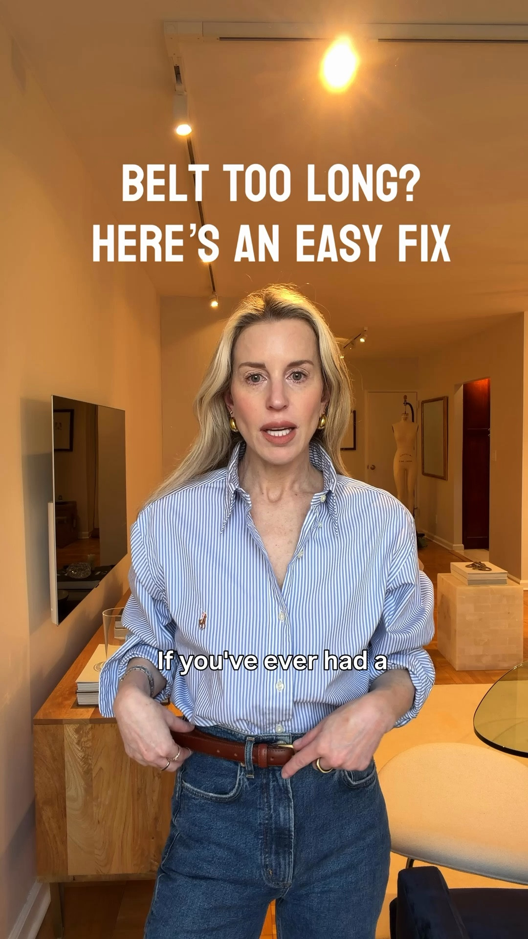IF YOUR BELT IS TOO LONG TRY THIS:
•	Take one of those small clear elastic hair ties (the ones used for the bottom of braids) and place it around your belt. 
•	Slide it down towards the end 
•	Fasten your belt and use the elastic to secure the extra length
Problem solved – no more awkward belt sticking out!
This hack also works great for situations where your belt ends in between two belt loops.
📝Save this hack for later – you’ll use it more than you think!



#LTKOver40 #LTKgrwm #LTKootd