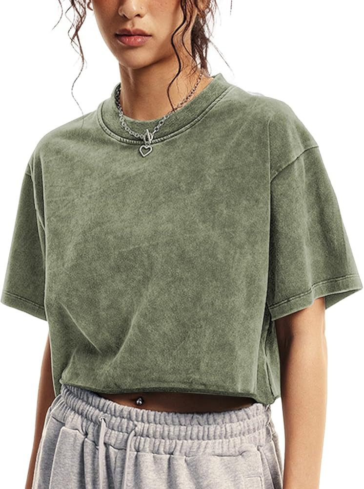 Womens Oversized Vintage T Shirts Casual Cropped Tees Short Sleeve Cotton Acid Wash Tops Summer G... | Amazon (US)