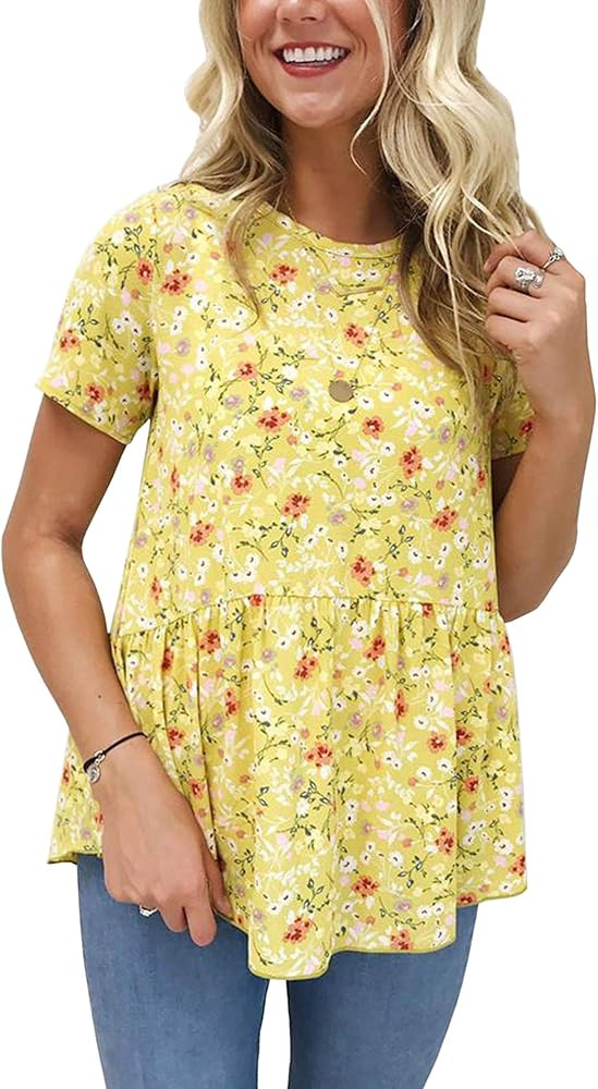 Hibluco Women's Summer Tops Short Sleeve Round Neck Floral Print Shirt Tunic Blouse | Amazon (US)
