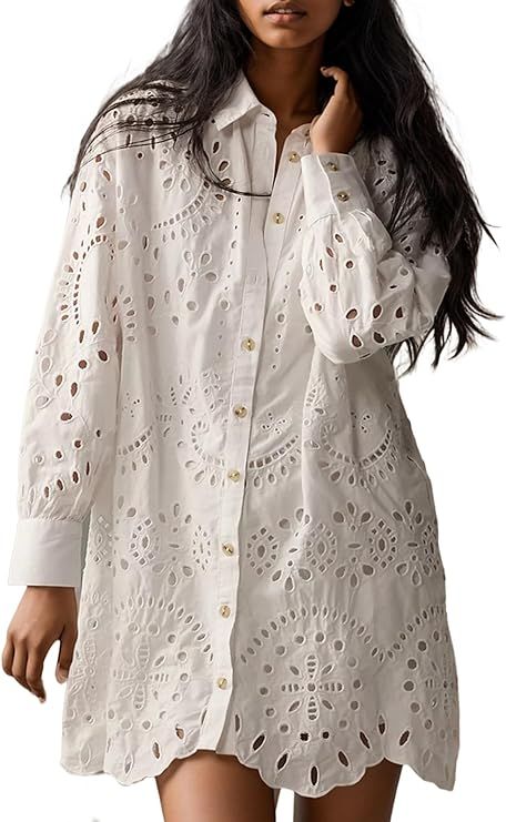 MISSACTIVER Women Button Down Shirt Dress Hollow Out Embroidered Long Sleeve Mini Dress Lapel Col... | Amazon (US)