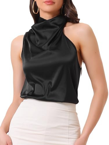 Allegra K Women's Halter Neck Satin Tops 2024 Dressy Elegant Summer Sleeveless Silky Top Large Black | Amazon (US)