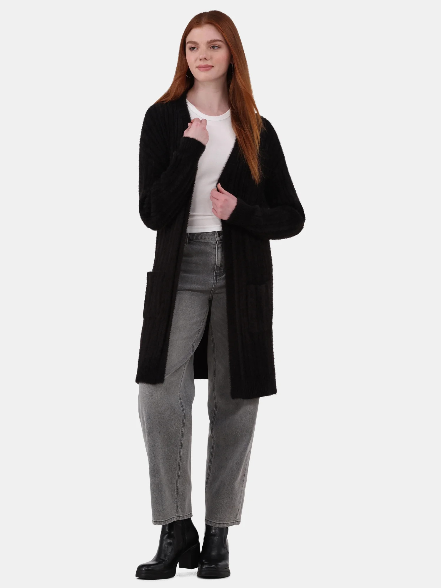 No Boundaries Fuzzy Open-Front Cardigan, Women's and Women's Plus | Walmart (US)