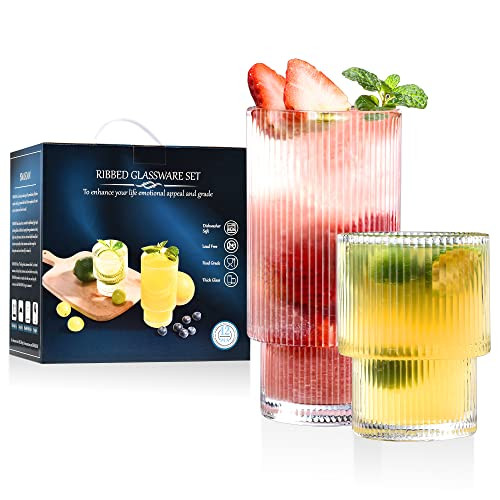 ISMASOAN Ribbed Glassware Set of 12,Glass Cups 12 oz and 7 oz,Fluted Glassware,Ribbed Drinking Glasses,Stackable Glasses,Ripple Glassware,Gift Box Set | Amazon (US)