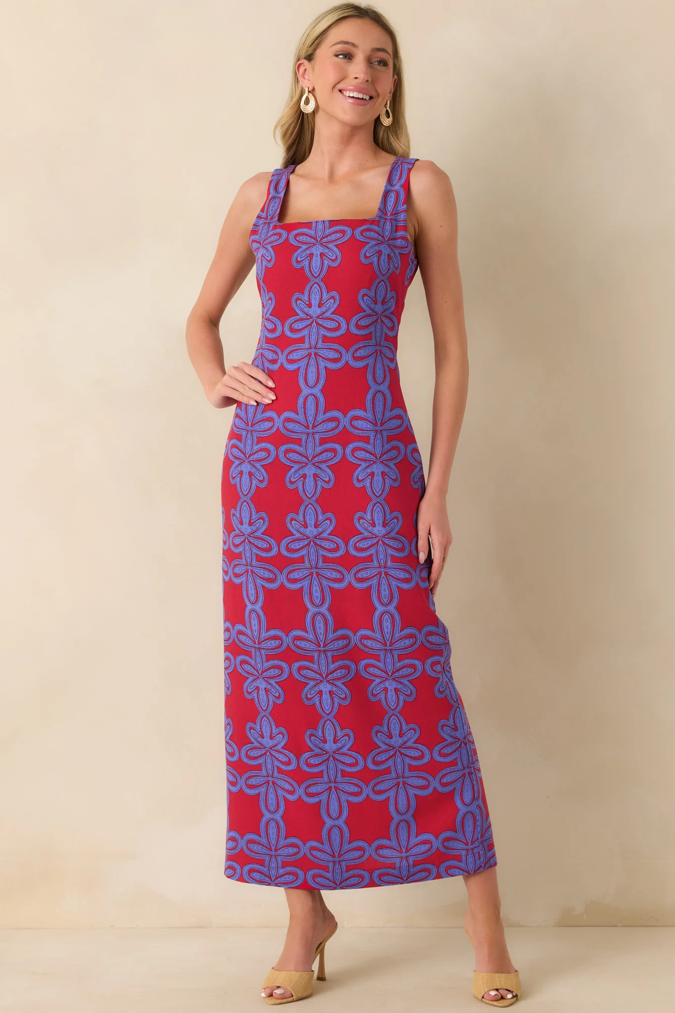 I'm Blushing Red Multi Geometric Print Linen Blend Maxi Dress | Red Dress
