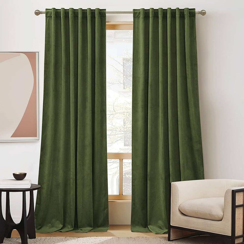 RYB HOME Olive Green Velvet Curtains 96 inches - Blackout Curtains for Living Room, Thermal Insul... | Amazon (US)