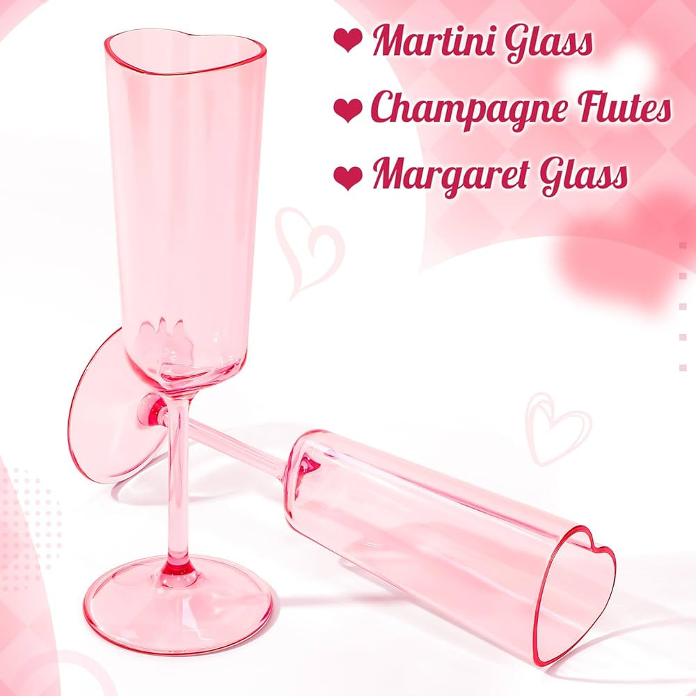 6 Pack Valentine's Day Heart Shaped Champagne Flutes Pink Acrylic Champagne Flutes Martini Glasse... | Amazon (US)