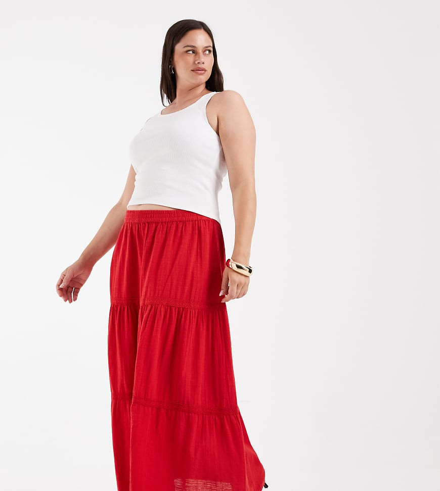 Pieces Curve tiered boho maxi skirt in red | ASOS (Global)