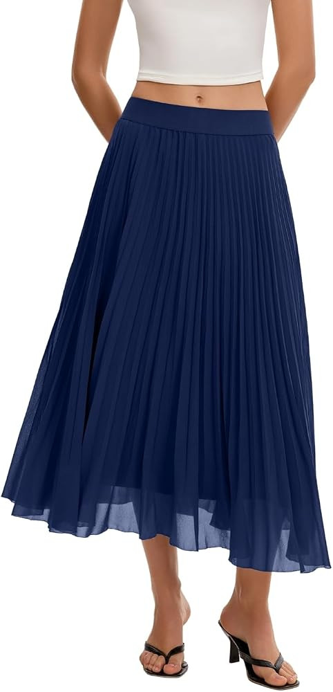 QINSEN Women's Elegant Flowy Pleated Chiffon Skirts Summer A-line Swing Midi Skirts Casual Elasti... | Amazon (US)