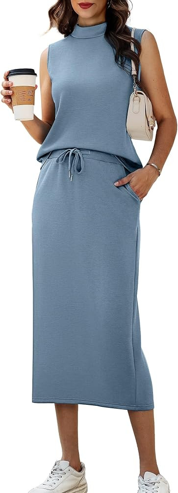Casly Lamiit Women's 2 Piece Set Summer Casual Sleeveless Mock Neck Top Midi Skirts Lounge Travel... | Amazon (US)