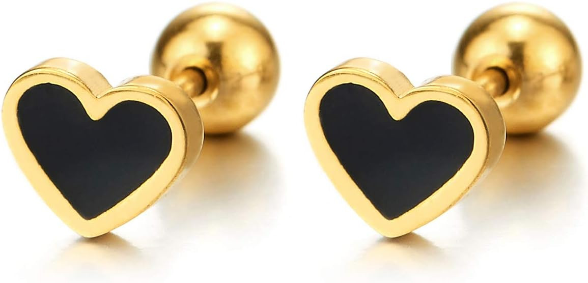 Pair of Womens Stainless Steel Flat Heart Stud Earrings with Enamel, Screw Back | Amazon (US)
