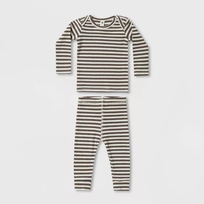 Q by Quincy Mae Baby 2pc Striped Ribbed Long Sleeve Top & Pants Set - Light Beige | Target