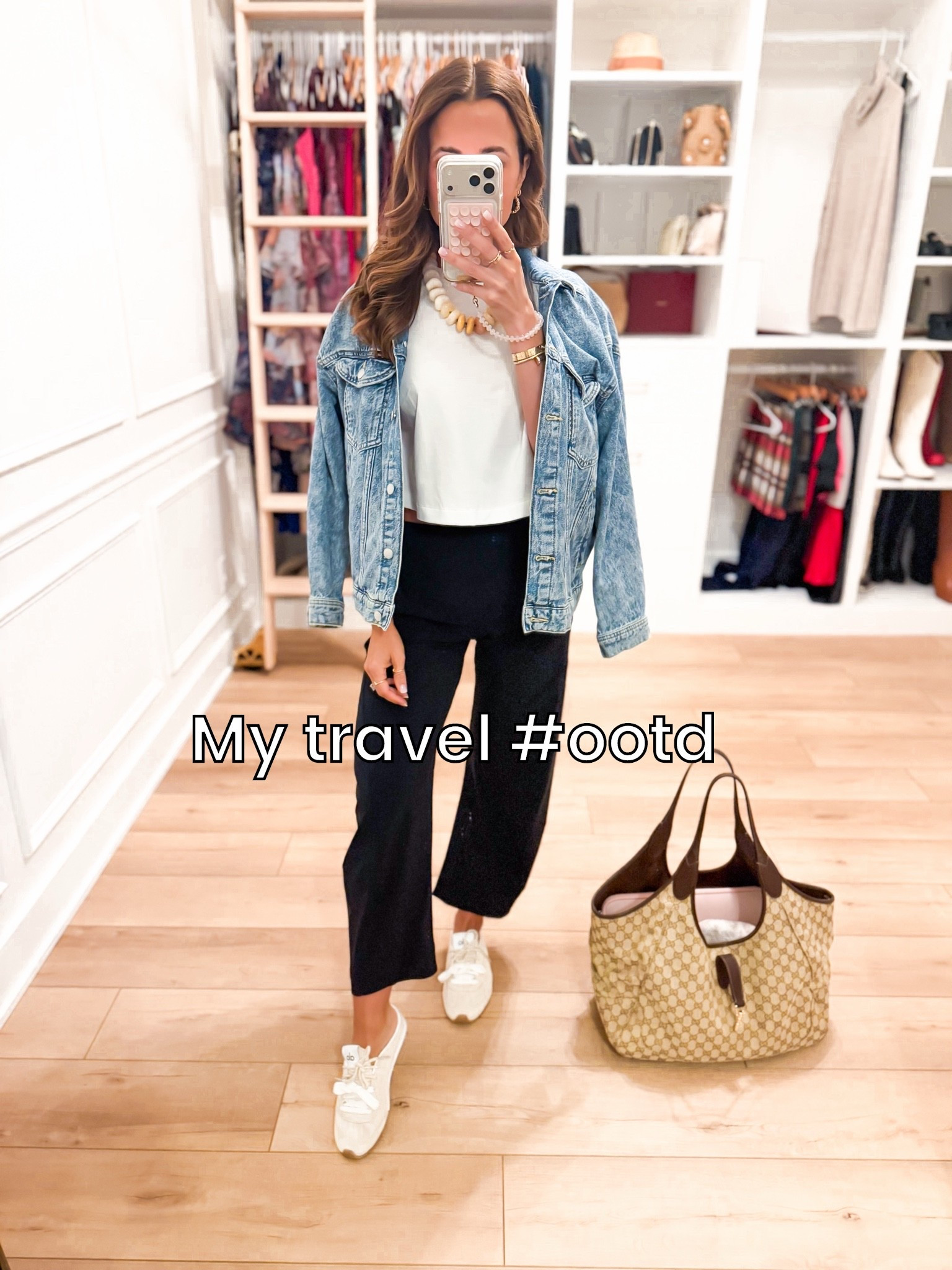 My travel outfit of the day! Airport outfit. Everyday outfit. Casual outfit. Ruti on the loose pants in size 0 standard (comes in petite and long, too). Code WELCOME45 on first time purchases. Wrinkle-free fabric! Will link Amazon alternative, too. Lululemon crop tee in XXS (doesn’t show any skin on me). Wrangler girlfriend denim jacket in XS. Alo mule sneakers are TTS and so comfy! Gucci mercato tote in size large.

#LTKootd #LTKTravel #LTKPetite
