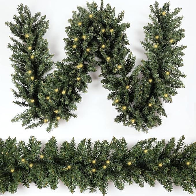 HomeKaren Christmas Garland 9ft with 50 Led, 320 Tips Prelit Fraser Fir Xmas Garland with 50 LED ... | Amazon (US)