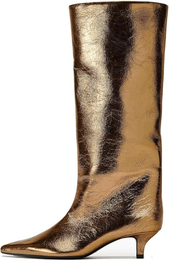 Goolita Burgundy Knee High Boots For Women, Pointed Toe Kitten Heel Wide Calf Boots Cherry Red Sl... | Amazon (US)