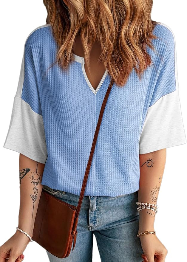 Dokotoo Womens Summer Tops Fashion 2025 Half Sleeve Fluffy Touch Waffle Knit Shirts Casual V Neck... | Amazon (US)