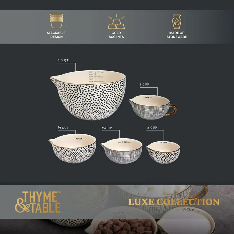 Thyme & Table, 5-Piece Ceramic Mixing Bowl and Measuring Bowl Set, Dot Pattern | Walmart (US)