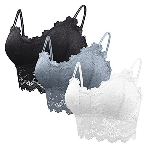 Lace Bralette Padded Lace Bandeau Bra with Straps for Women Girls Deep V Neck Bra 3 Pack | Amazon (US)