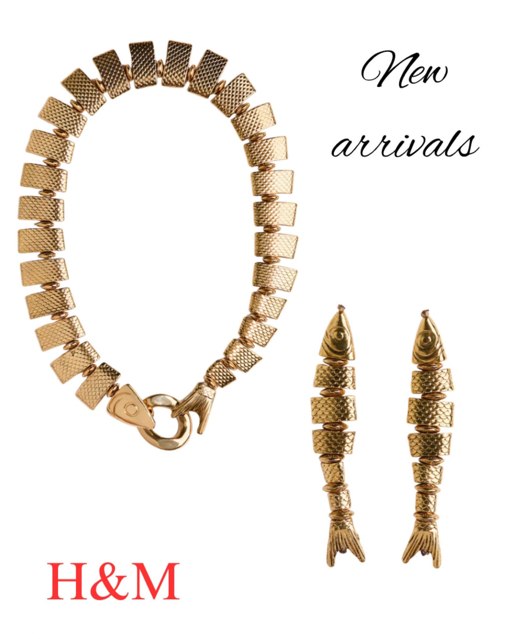 H&M new arrivals, fish gold necklace, earrings, choker, jewelry.