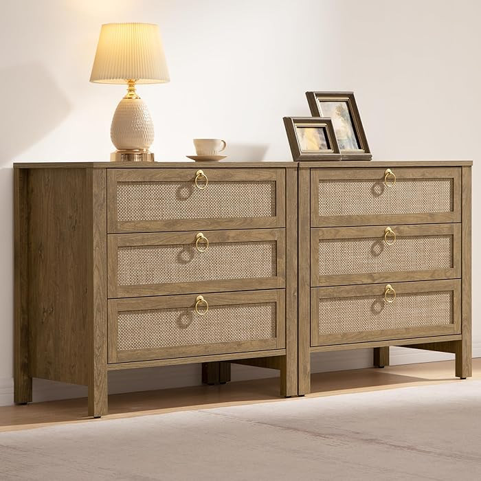 SICOTAS Nightstand Set 2 with Drawers - Large Rattan Bedside Table with Golden Handle, 3 Drawers ... | Amazon (CA)