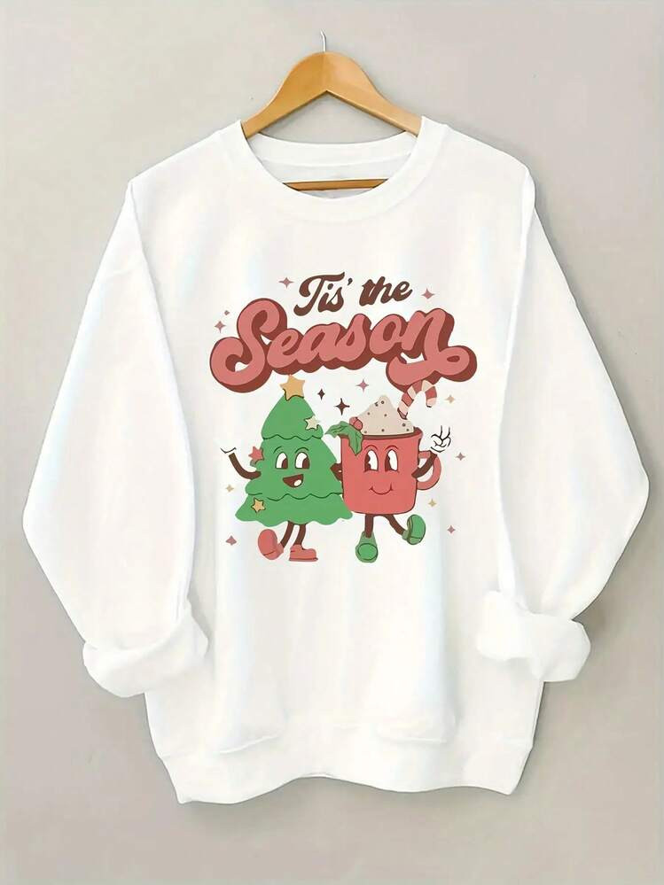 SeaDan Women's Plus Size Christmas Pattern Sweatshirt - Bright Pink Holiday Pullover With "Tis The Season" Print, Cartoon Tree And Hot Cocoa Design, Comfortable Crew Neck Casual Winter Wear, Christmas Outfit, Machine Washable Sweatshirt | SHEIN