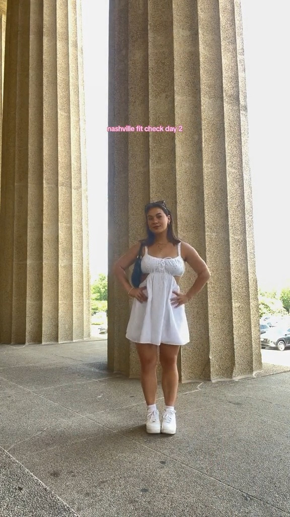 Casual summer outfit for a full day of walking around downtown Nashville. Wearing a white cutout mini dress from American Eagle. Paired with white air forces and black oak and Fort sunglasses. 

#LTKstyletip #LTKunder50 #LTKtravel