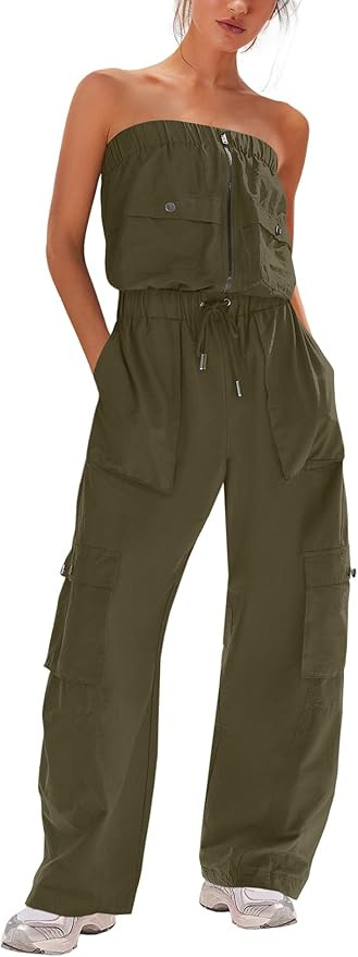 LAMISSCHE Womens Strapless Jumpsuits Cargo Pants Jumpsuits Off The Shoulder Tube Rompers One Piec... | Amazon (US)