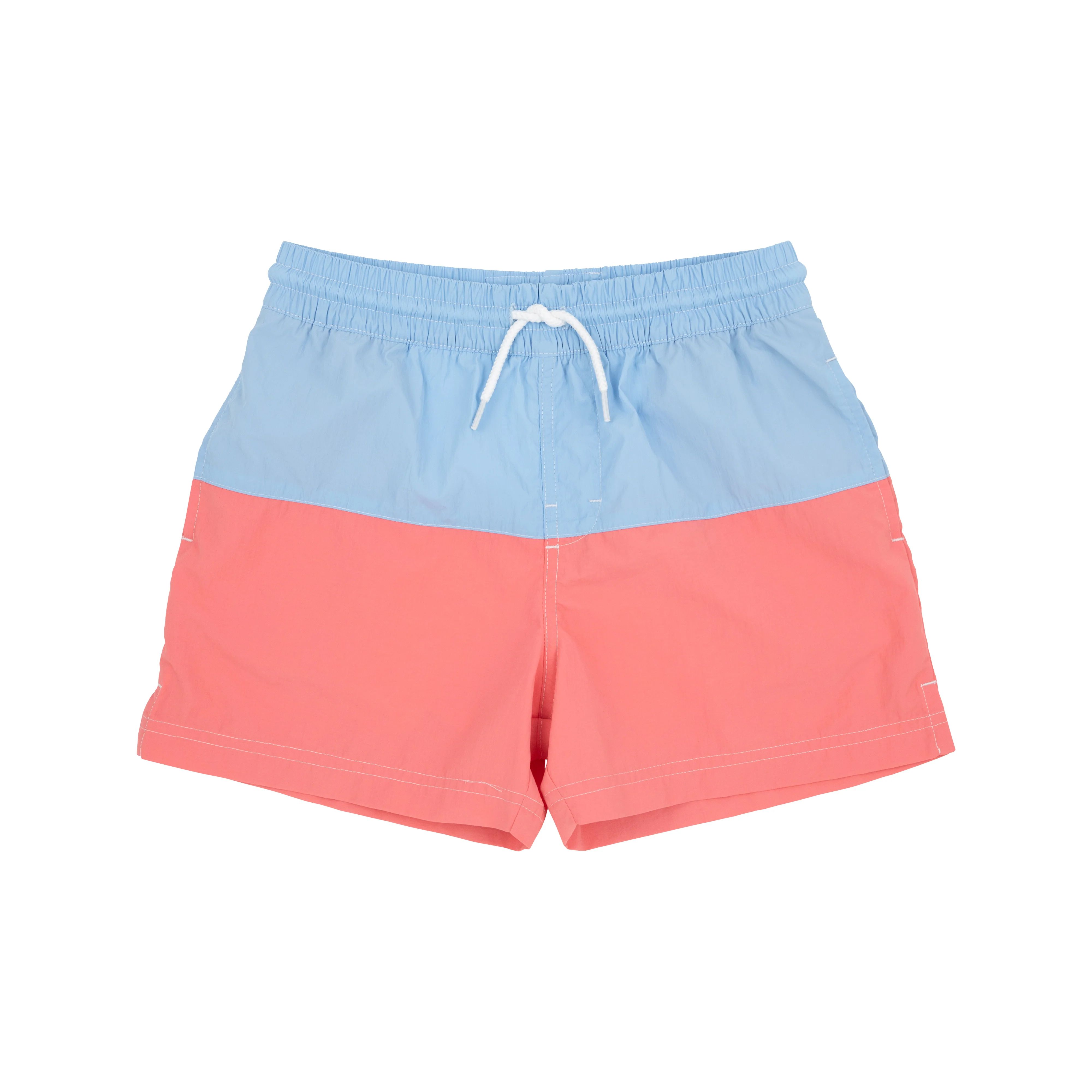 Country Club Colorblock Trunks - Beale Street Blue & Parrot Cay Coral with T.B.B.C. Pocket | The Beaufort Bonnet Company