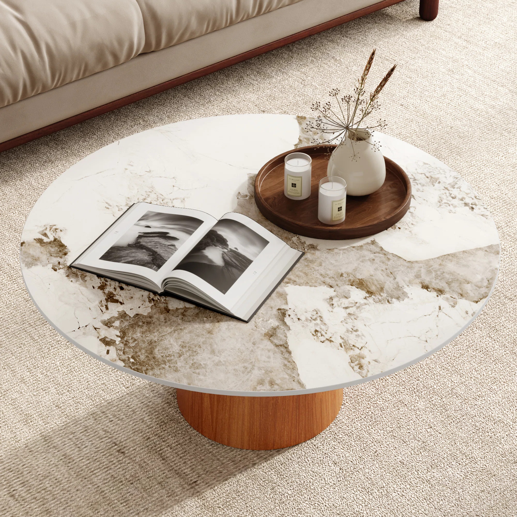 Living Room Round Coffee Table  Pedestal & Faux Marble Top Cocktail Table | Wayfair North America
