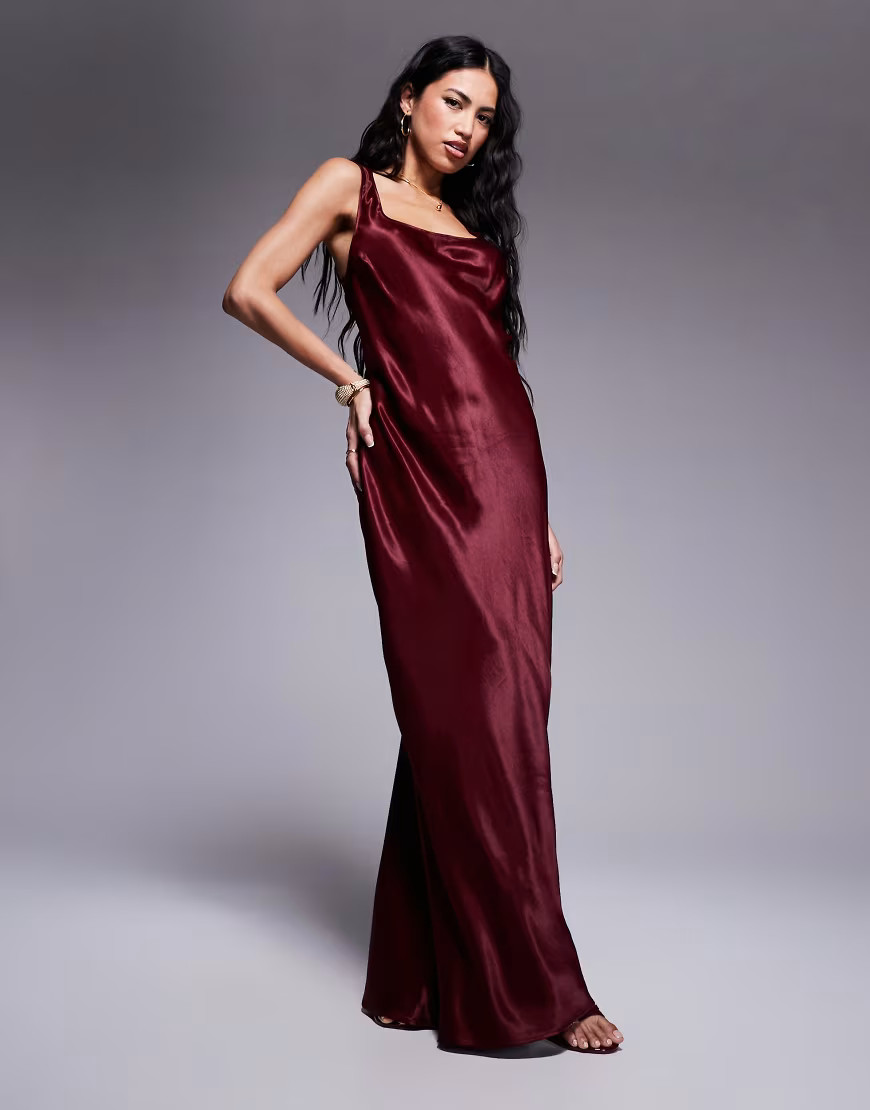 ASOS DESIGN satin scoop neck satin maxi dress in burgundy-Red | ASOS (Global)