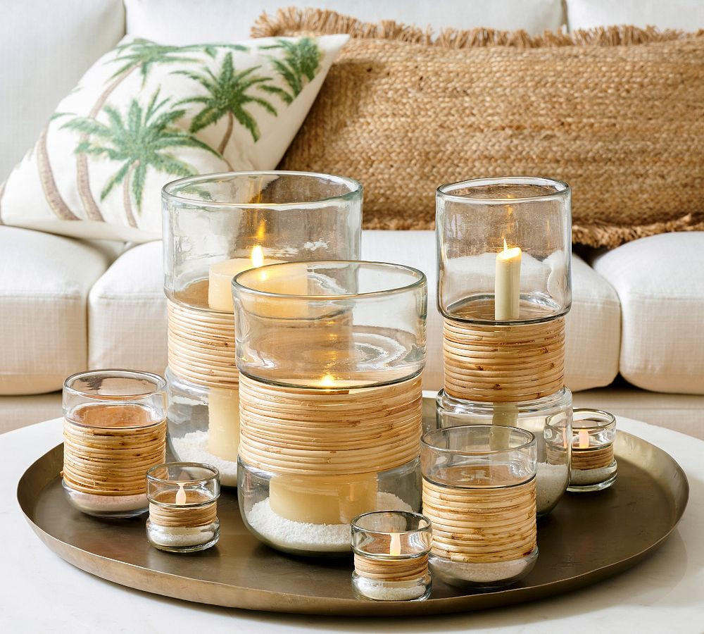 Palm Woven Rattan & Glass Hurricane Candleholder | Pottery Barn (US)