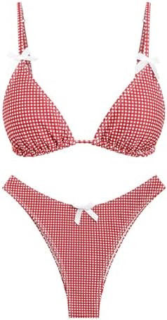 Women's Bikini Sets Tie Back Bowknot Two Piece Swimsuits Triangle Thong Bathing Suit Gingham Flor... | Amazon (US)
