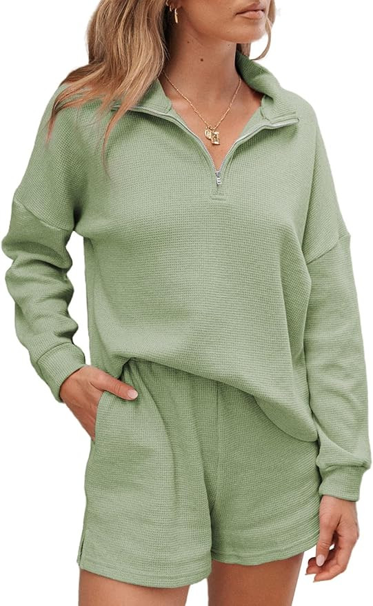 Aleumdr Women's 2 Piece Outfits Zipper Waffle Knit Lounge Sets 2023 Fashion Long Sleeve Shorts Ma... | Amazon (US)