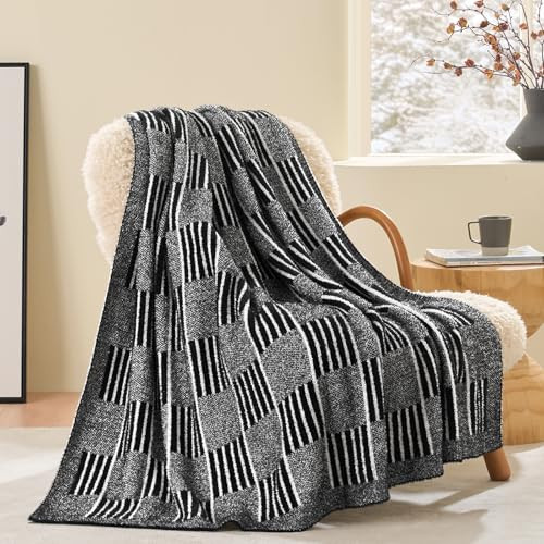 Snuggle Sac Checkered Throw Blanket, Black Fluffy Faux Fur Reversible Soft Microfiber Warm Throw Blankets for Couch,Sofa,Travel,Cozy Lightweight Striped Blankets for Women,Heather Black,50x60 inches | Amazon (US)