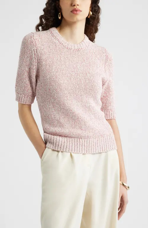 Nordstrom Elbow Sleeve Linen & Cotton Blend Sweater in Pink Compact- Ivory Marl at Nordstrom, Size X-Small | Nordstrom
