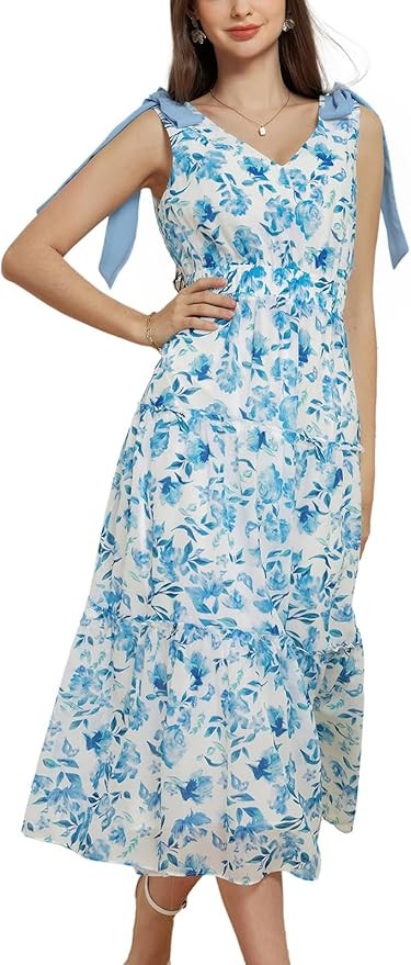 GRACE KARIN Floral Dress for Women Summer Casual Flowy Long V Neck Sundress Sleeveless Tiered Bea... | Amazon (US)