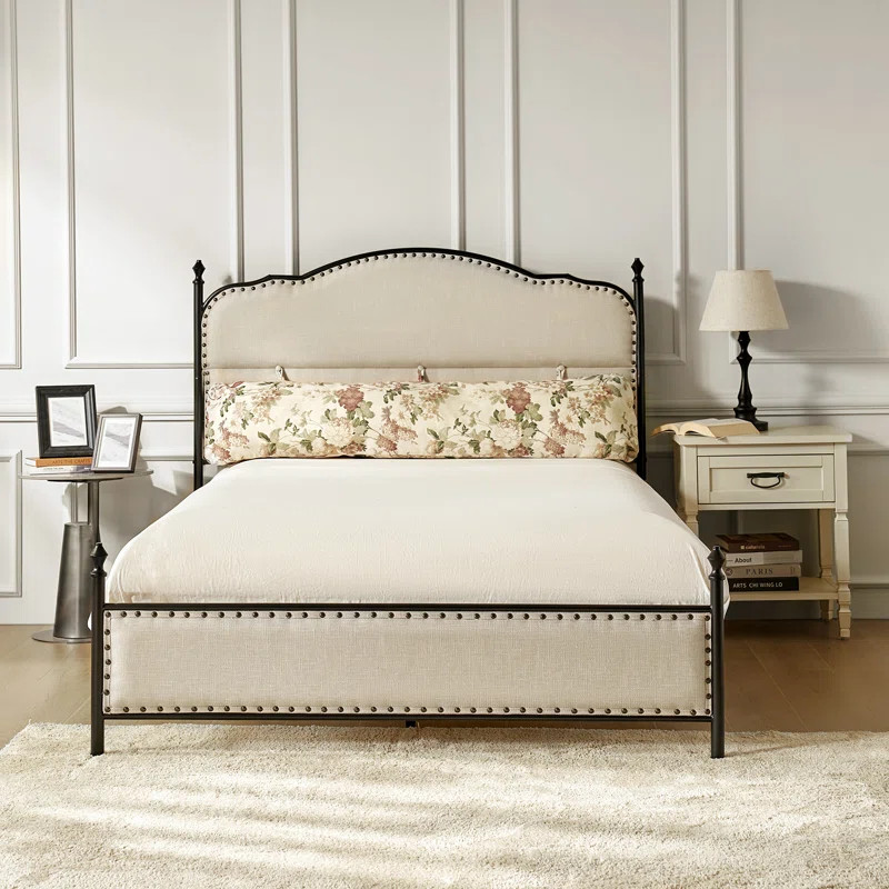 Alaja Upholstered Platform Metal Four Poster Bed with Bolster Pillow | Wayfair North America