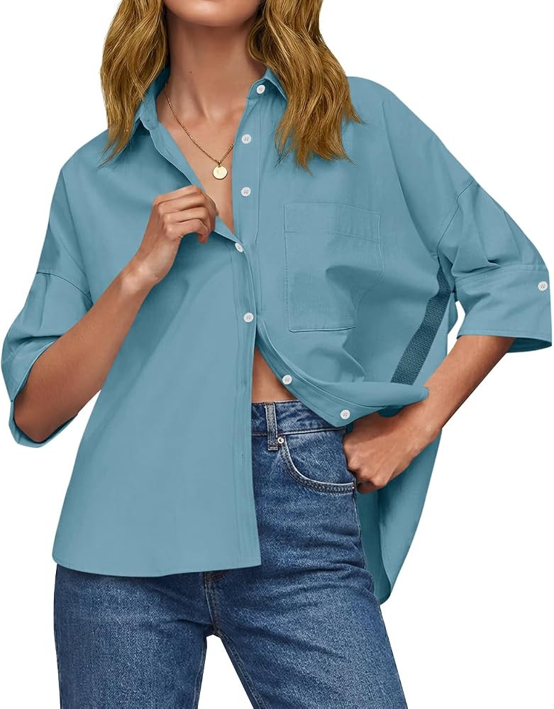 Cicy Bell Womens Summer Oversized Button Down Shirts Half Sleeve V Neck Business Casual High Low ... | Amazon (US)