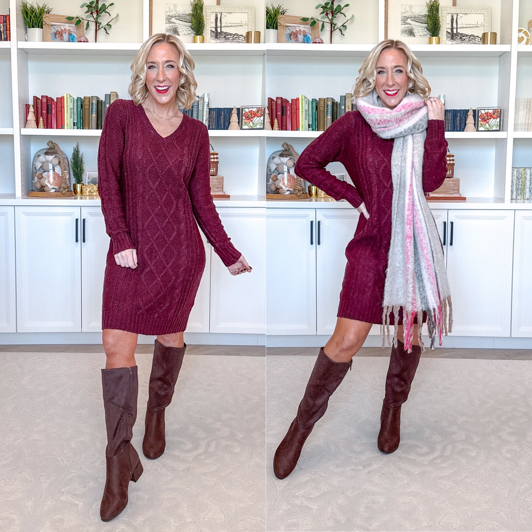 maurices - Outfit 3 Cable Knit V Neck Sweater Dress - Size Small . Faux Suede Block Heel Tall Boot - TTS. Striped Fringe Scarf Jewlery Gold Plated Tennis Necklace. Faux Black Onyx Pendant Necklace. Gold Black Velvet Blow Pearl Hoop Earrings.

#LTKHoliday#LTKSeasonal#LTKSaleAlert 

 