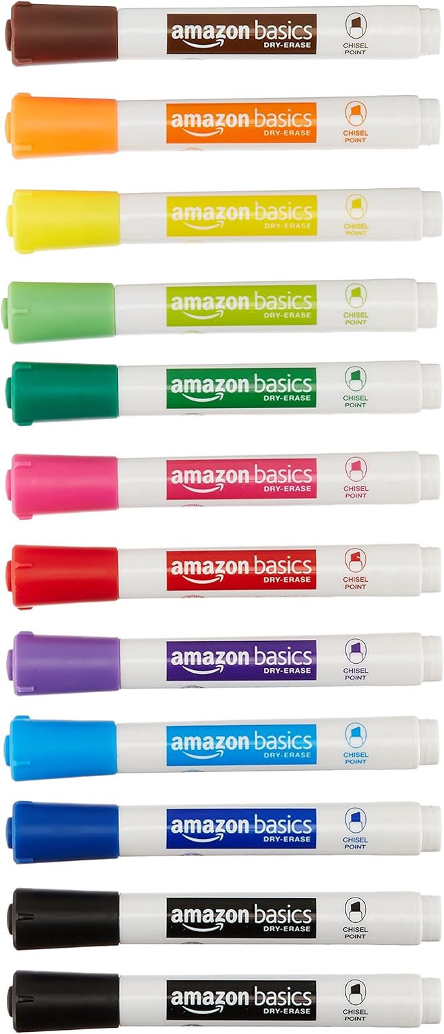 Amazon Basics Low-Odor Chisel Tip Dry Erase White Board Marker, Assorted Colors - Pack of 12 | Amazon (US)