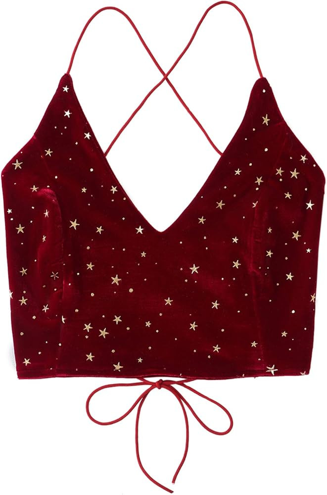 Verdusa Women's Velvet Galaxy Print Crisscross Back Spaghetti Strap Crop Cami Top | Amazon (US)