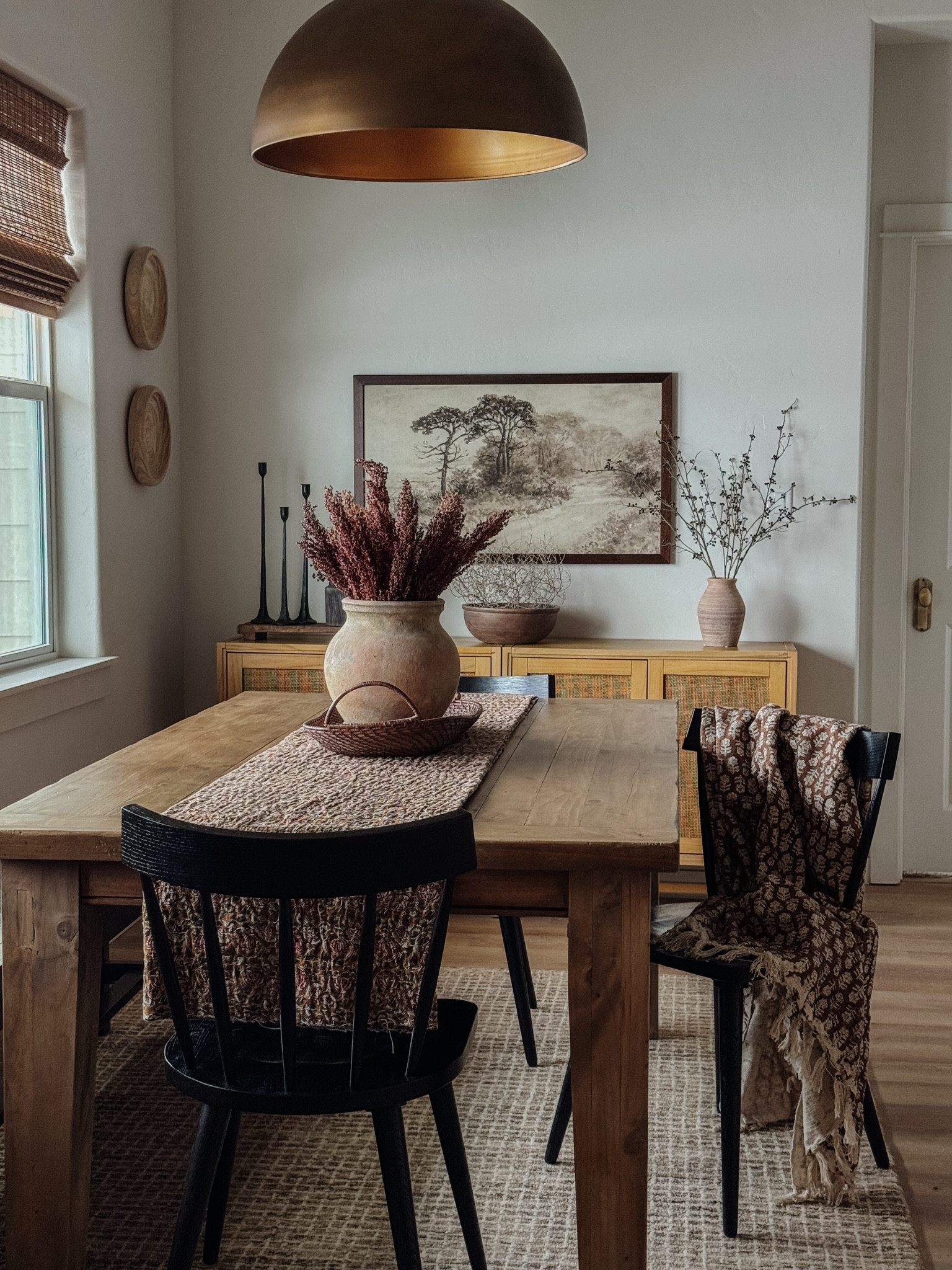 Dining room inspiration, modern rustic vibe, home decor, black dining chairs, checkered jute rug, roman shades, cabinet, dome lighting, affordable decor, neutral decor, look for less, Target style, organic modern, brass dome lighting, salt and pepper mills, rustic dining room table, Kantha quilt, collected vibe, brass salt and pepper mills

#LTKhome #LTKsalealert #LTKfindsunder50