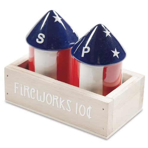 Fireworks Salt & Pepper Shakers Set with Crate, Ceramic 3.5 Inches Tall, Patriotic Fourth of July, Table Décor by Lillian Vernon | Amazon (US)